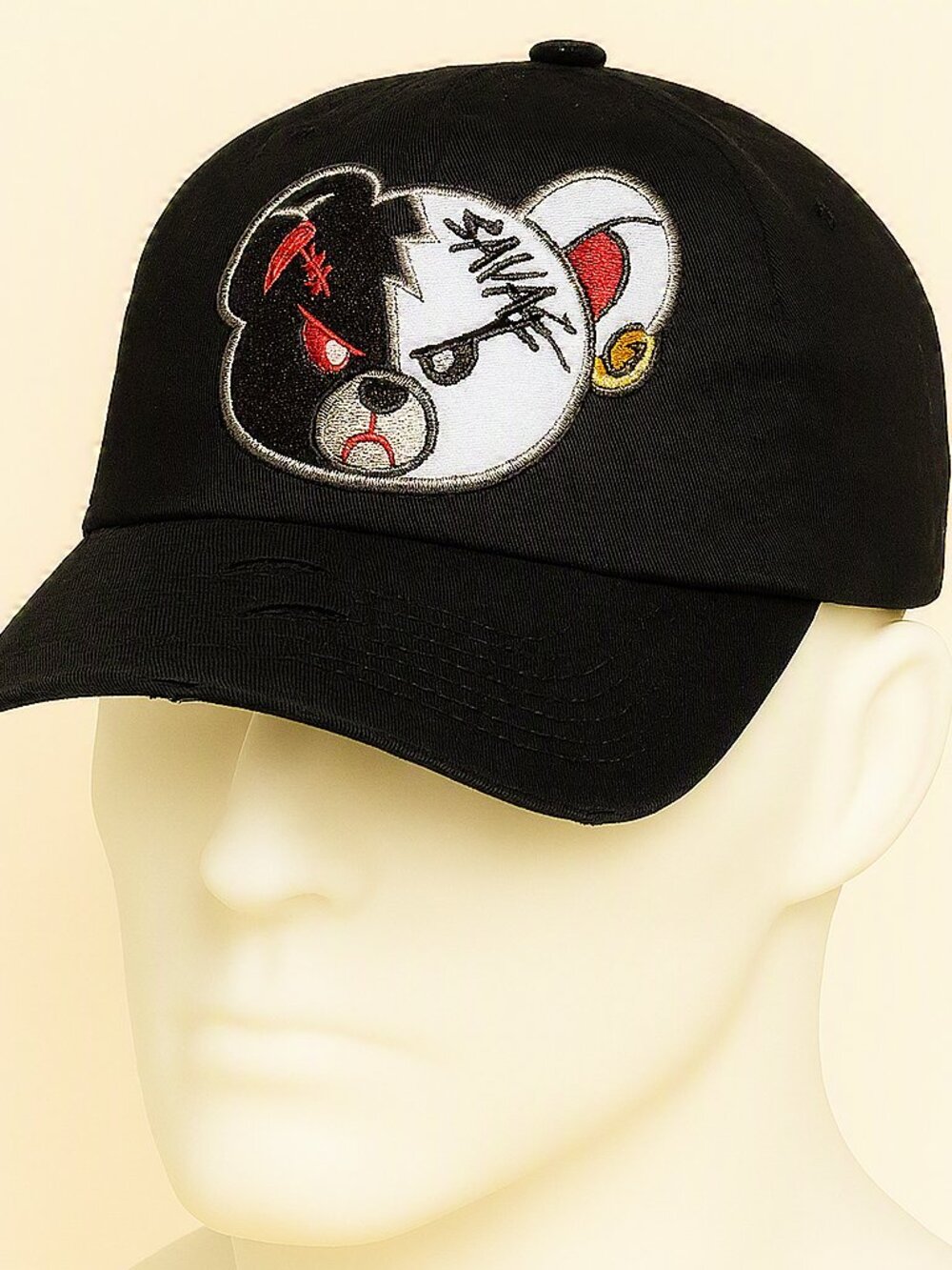 Muka Savage Bear Split Face Distressed Black Hat Adjustable NWT